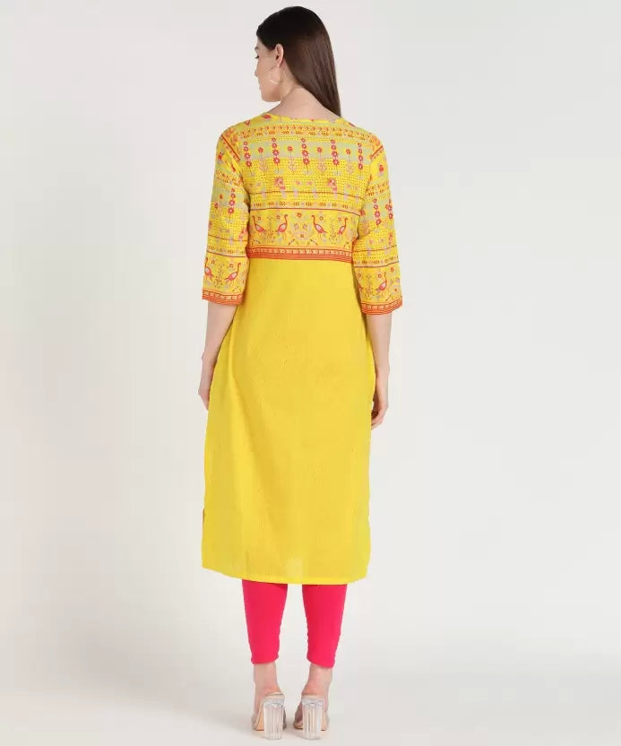 Yellow Floral Print Cotton Blend Straight Kurta