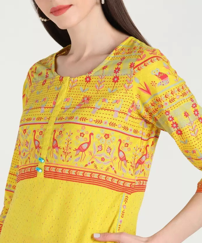 Yellow Floral Print Cotton Blend Straight Kurta