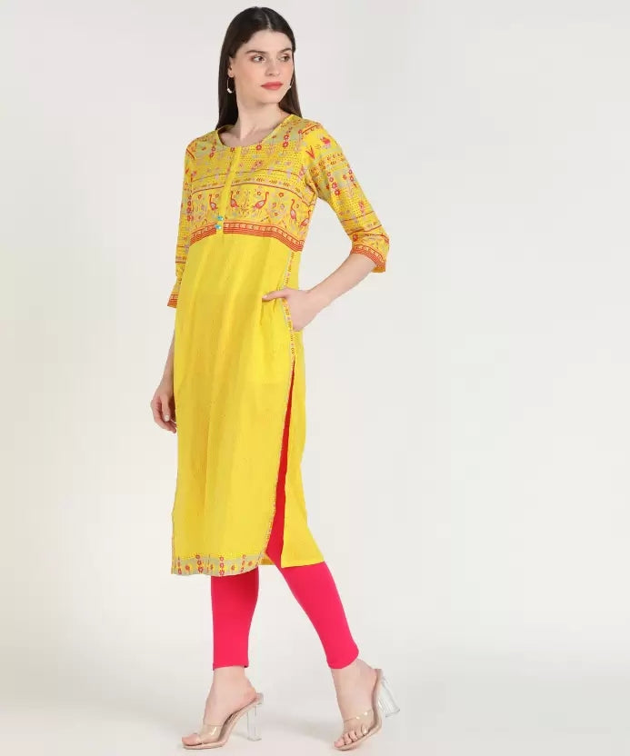Yellow Floral Print Cotton Blend Straight Kurta