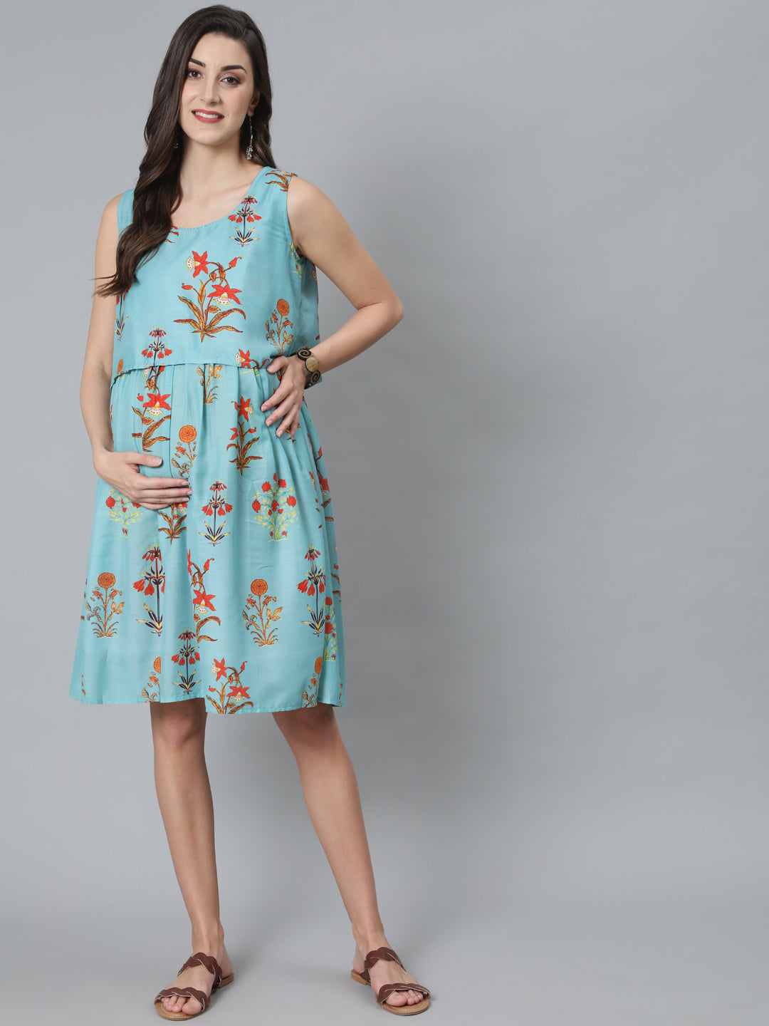 Blue Floral Print Maternity Dress