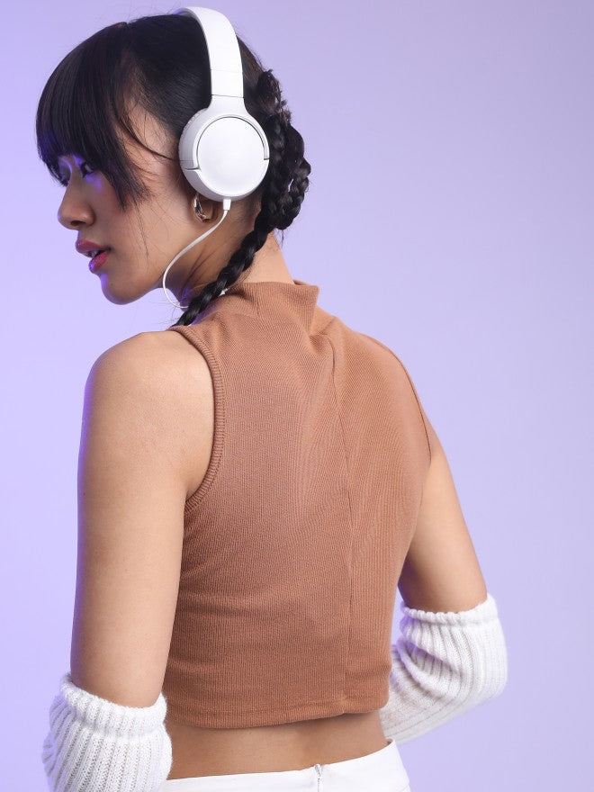 Women Streetwise Brown Printed Crop Top