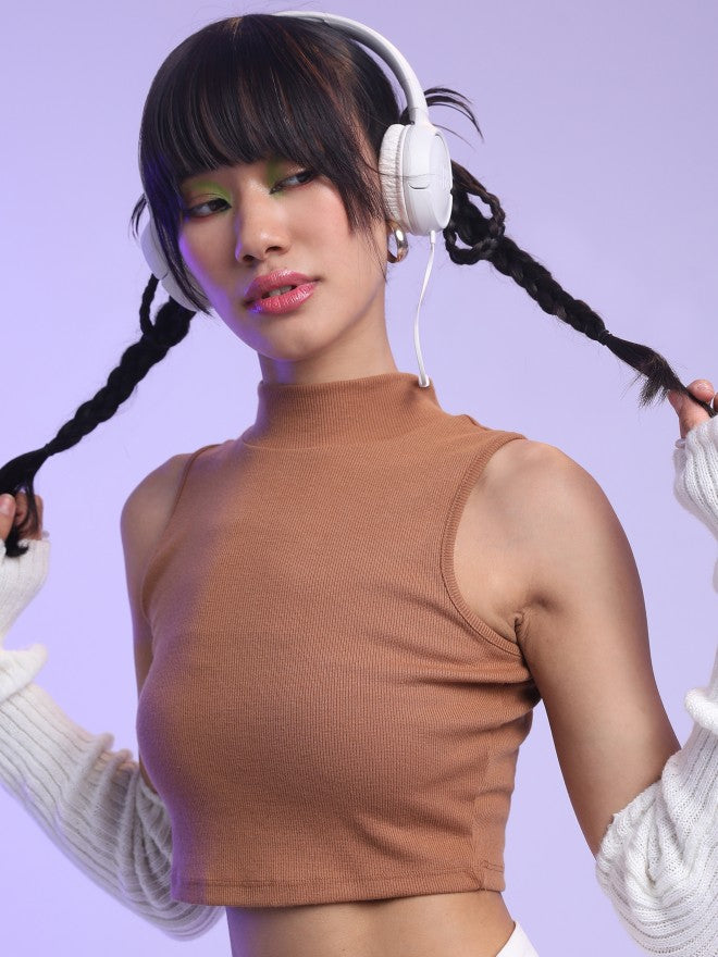 Women Streetwise Brown Printed Crop Top