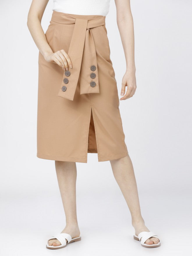 Solid Beige Midi Skirt