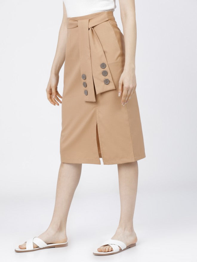 Solid Beige Midi Skirt