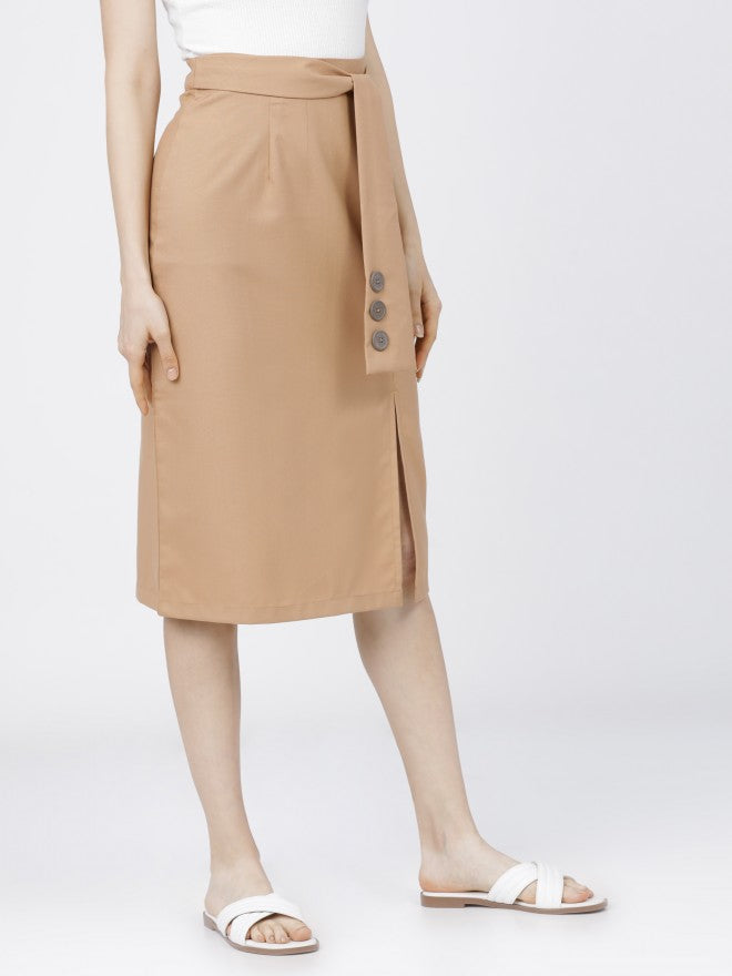 Solid Beige Midi Skirt