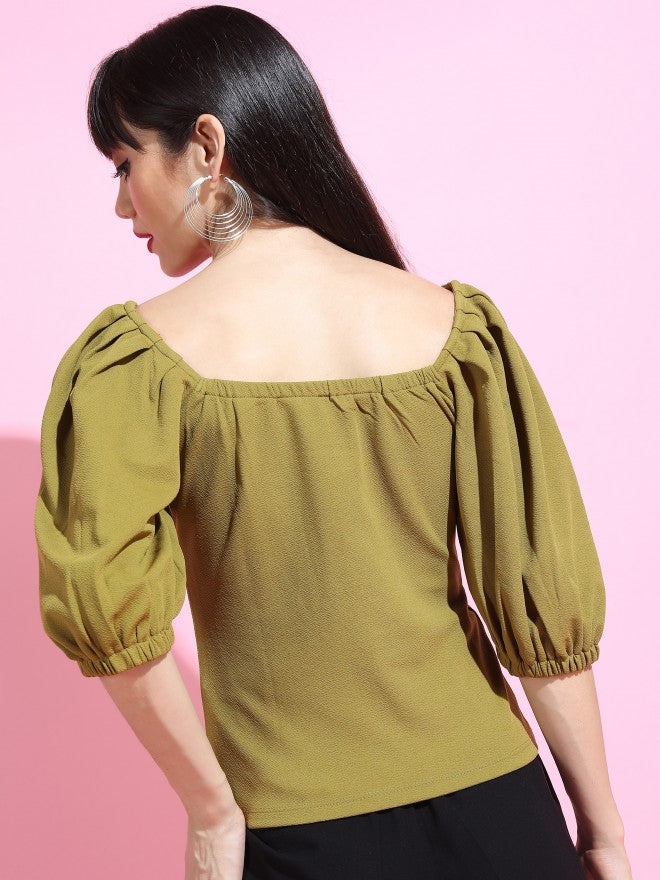Olive Crepe Knit Volume Sleeve Sweetheart Neck Top