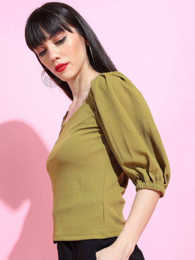 Olive Crepe Knit Volume Sleeve Sweetheart Neck Top