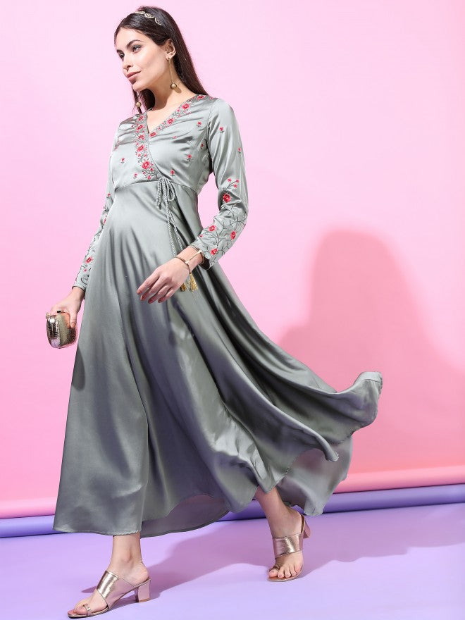 Women Grey Self Design A-Line Maxi Dress