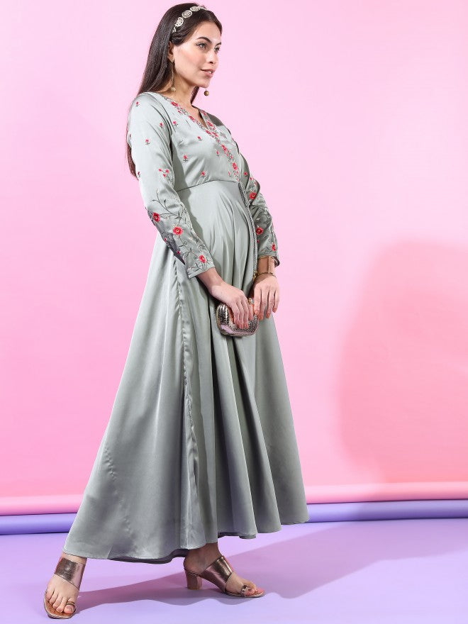 Women Grey Self Design A-Line Maxi Dress