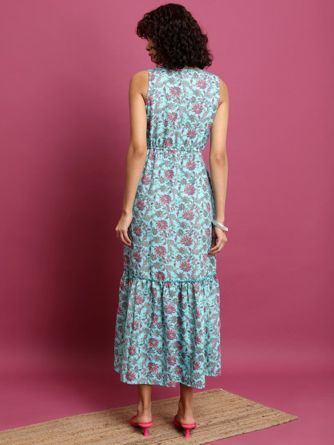 Women Blue Printed Drop-Waist Dress