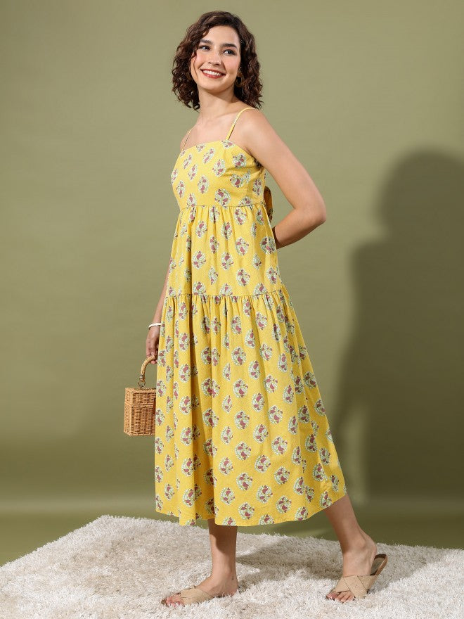 Women Yellow Printed Maxi Dress