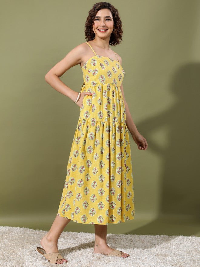 Women Yellow Printed Maxi Dress