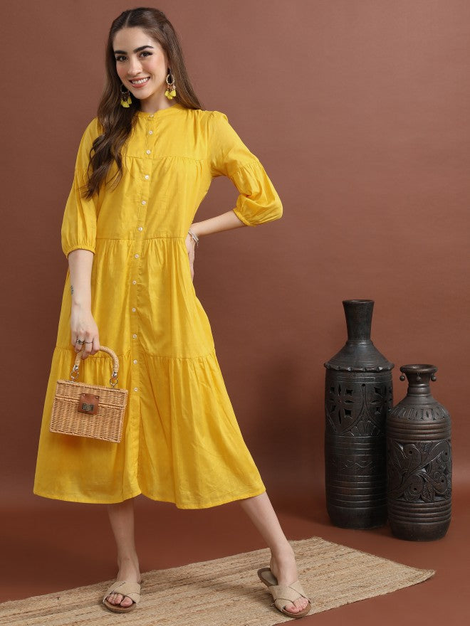 Women Yellow Solid A-Line Dress