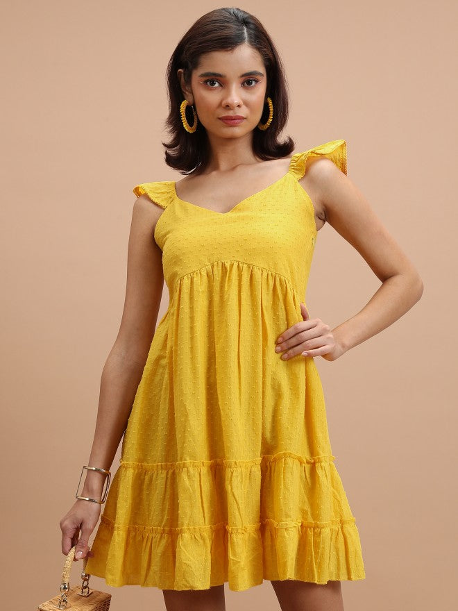 Women Mustard Self Design A-Line Dress