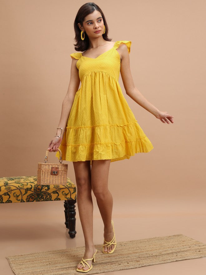 Women Mustard Self Design A-Line Dress