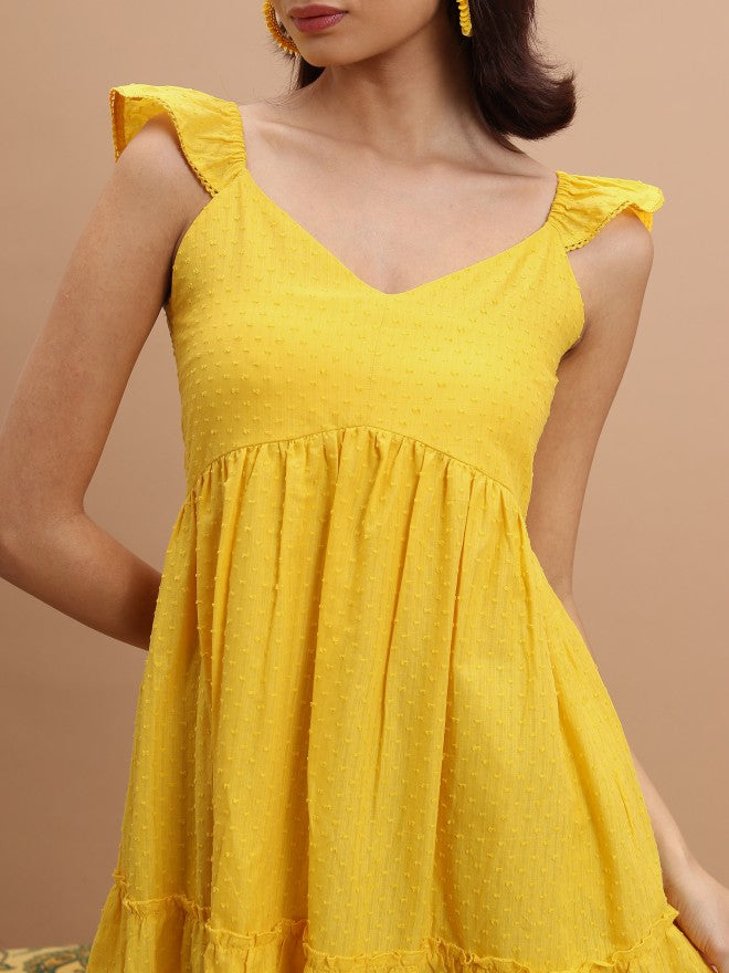 Women Mustard Self Design A-Line Dress