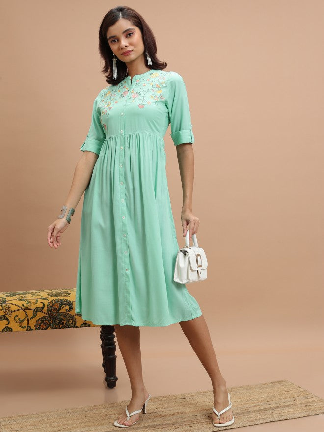Women Turquoise Embroidered A-Line Dress