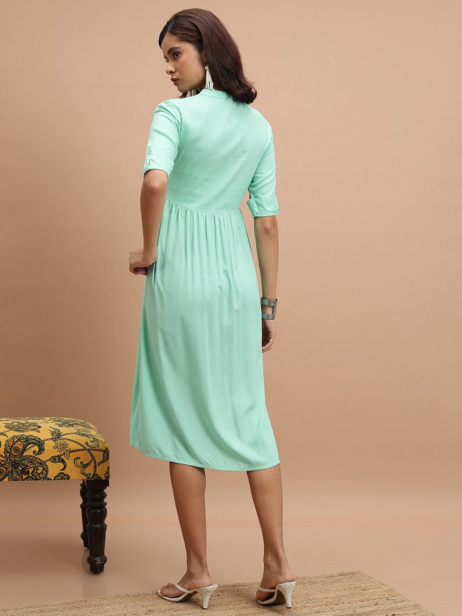 Women Turquoise Embroidered A-Line Dress
