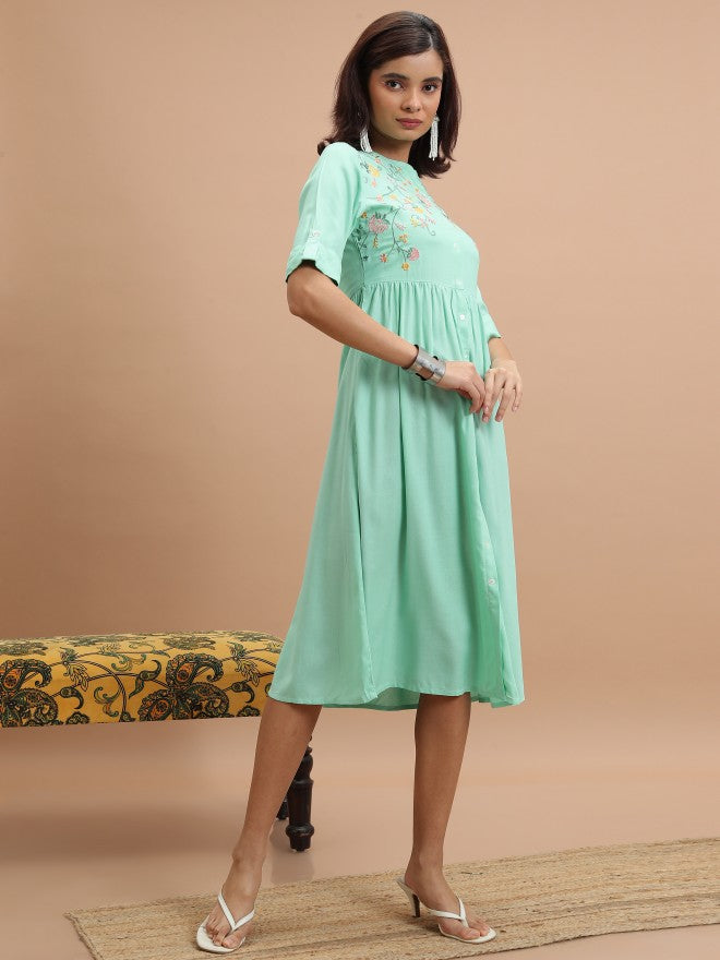 Women Turquoise Embroidered A-Line Dress