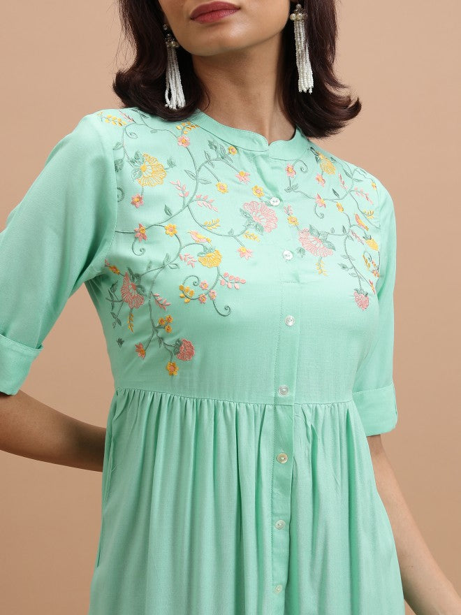 Women Turquoise Embroidered A-Line Dress