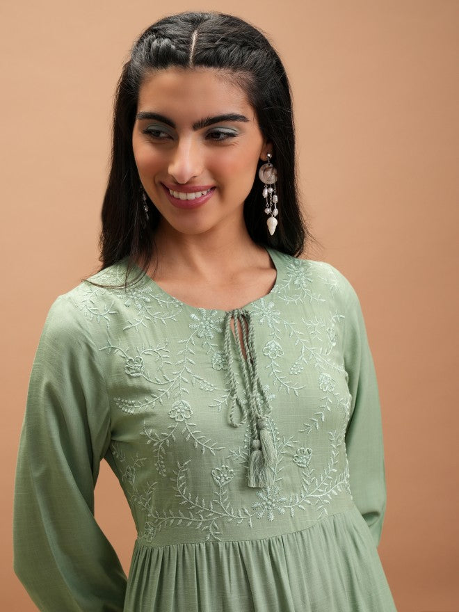 Women Green Embroidered A-Line Dress
