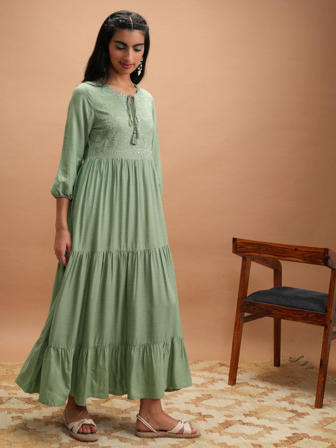 Women Green Embroidered A-Line Dress