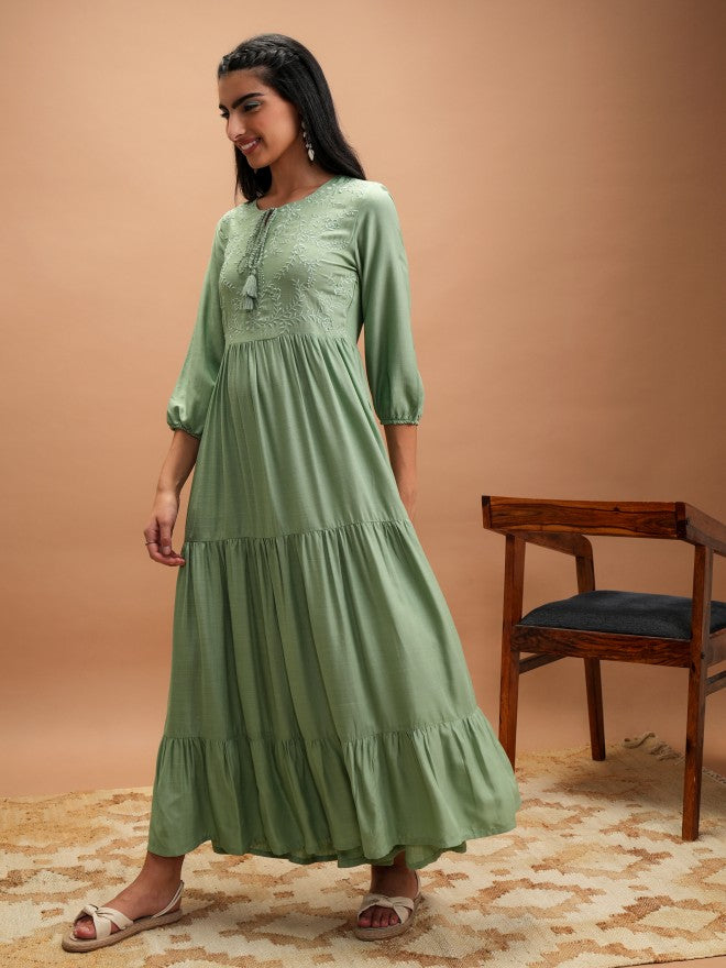 Women Green Embroidered A-Line Dress