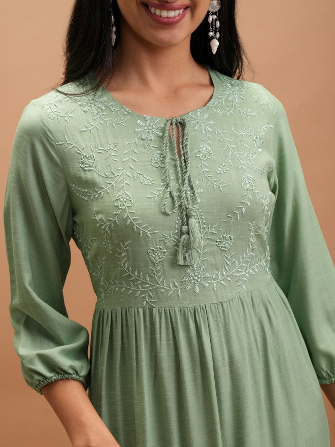 Women Green Embroidered A-Line Dress