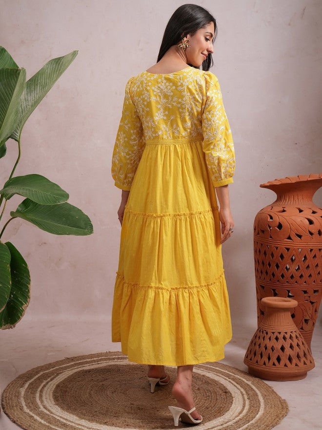 Women Yellow Embroidered A-Line Dress