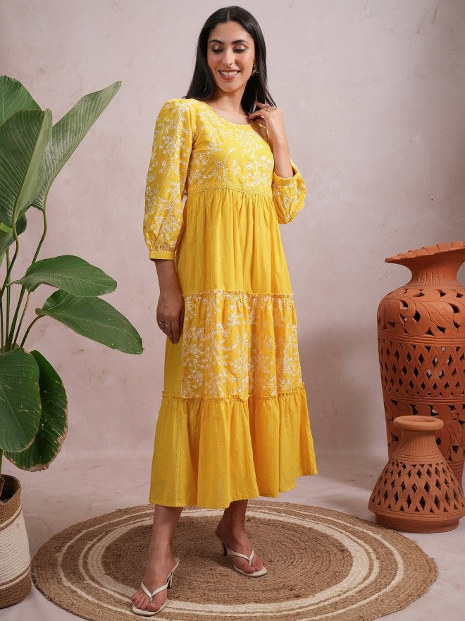 Women Yellow Embroidered A-Line Dress