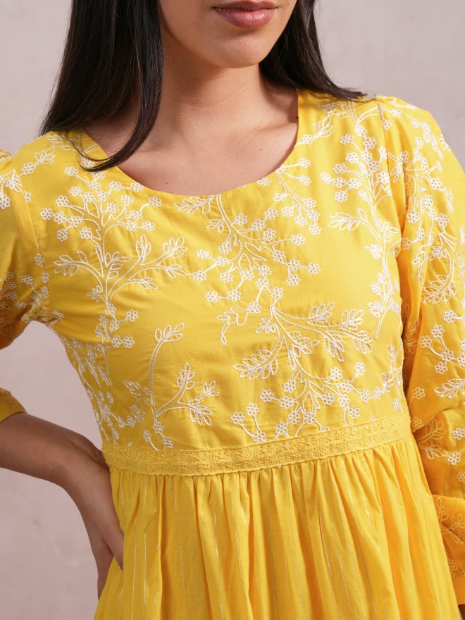 Women Yellow Embroidered A-Line Dress