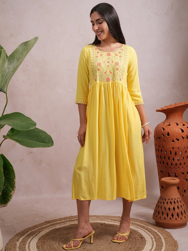 Women Yellow Embroidered A-Line Dress