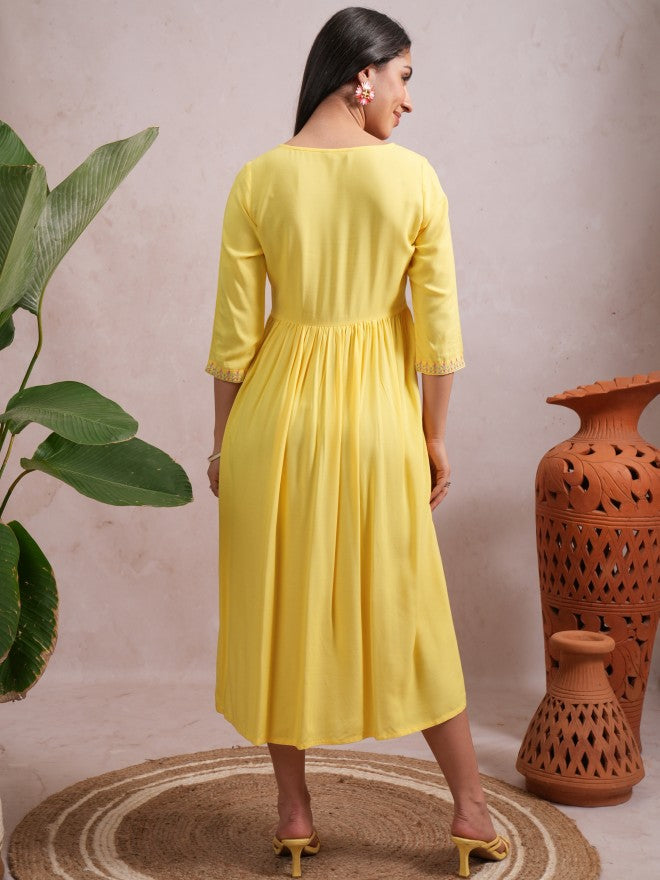 Women Yellow Embroidered A-Line Dress