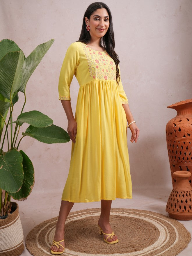 Women Yellow Embroidered A-Line Dress