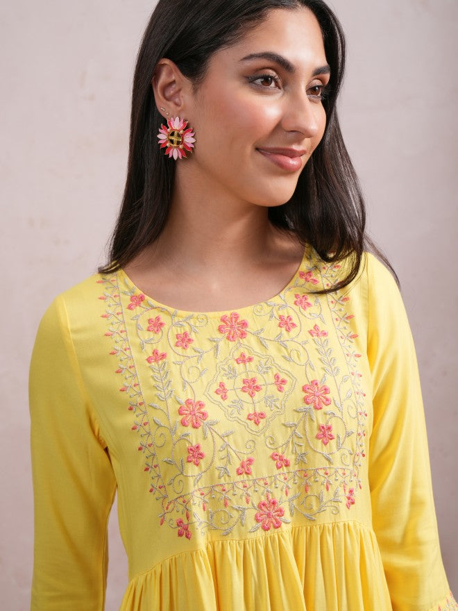 Women Yellow Embroidered A-Line Dress