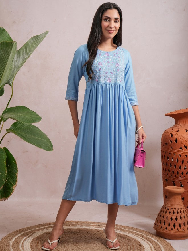 Women Blue Embroidered A-Line Dress Anokhi.mu Women Blue Embroidered A-Line Dress Anokhi.mu