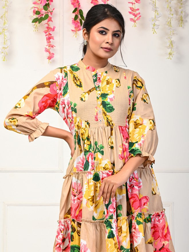 Women Nude Printed Fit And Flare Dress
