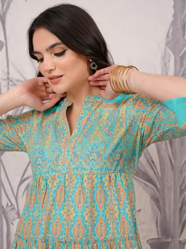 Aqua Blue Printed A-Line Dress