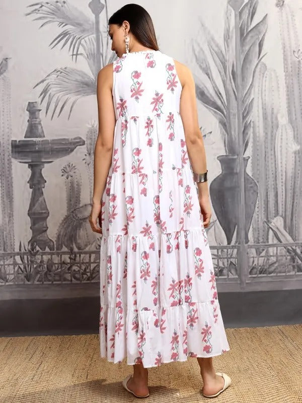 White/Coral Printed Fit and Flare Dress