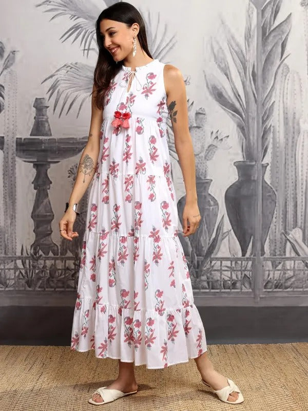 White/Coral Printed Fit and Flare Dress