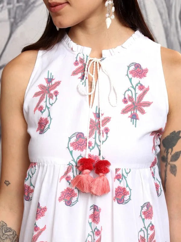 White/Coral Printed Fit and Flare Dress
