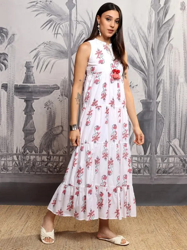 White/Coral Printed Fit and Flare Dress