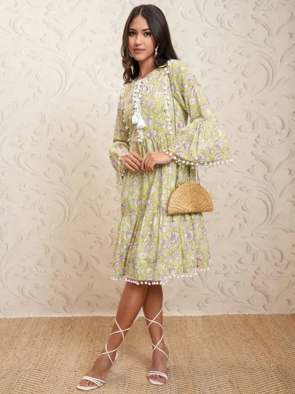 Green Printed Fit and Flare Dress