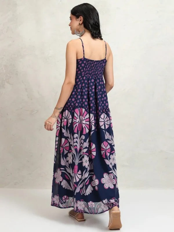 Navy Blue Printed Fit and Flare Dress
