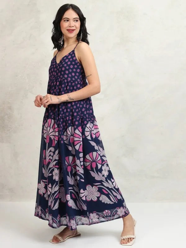 Navy Blue Printed Fit and Flare Dress