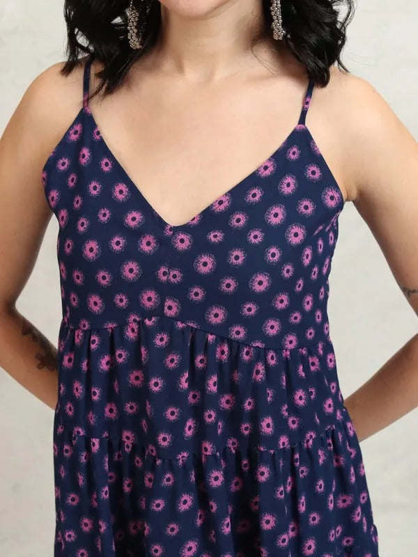 Navy Blue Printed Fit and Flare Dress