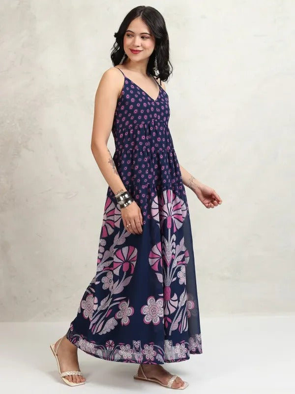 Navy Blue Printed Fit and Flare Dress