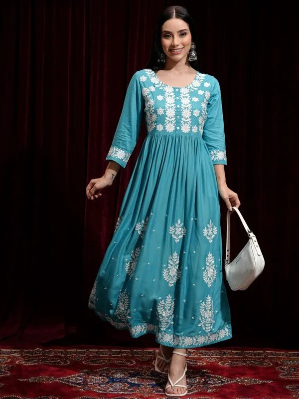 Aqua Lucknowi Printed Fit and Flare Dress