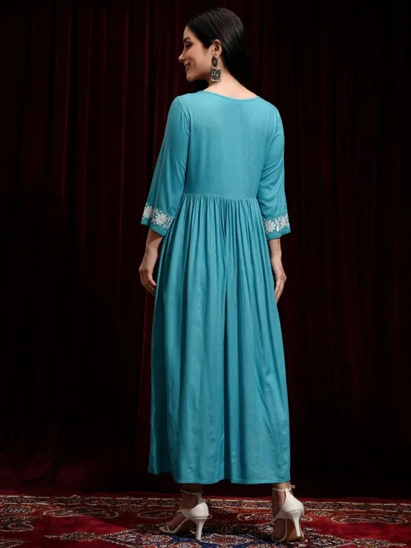 Aqua Lucknowi Printed Fit and Flare Dress