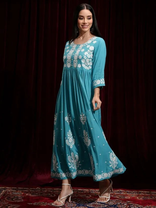 Aqua Lucknowi Printed Fit and Flare Dress